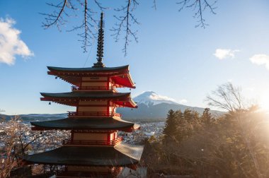 Shimoyoshida, Japan - December 27, 2019. Outdoor shot of the famous Chureito Pagoda and mount fuji near sunset.