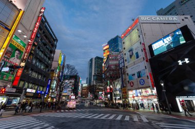Tokyo, Japan - January 9, 2020. Exterior of the busy streets of Tokyo, near the famous Shibuya Crossing.