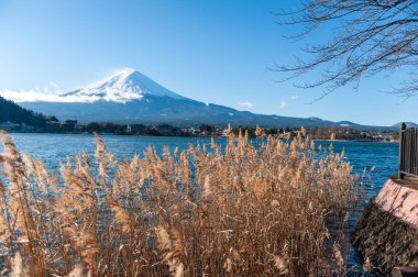 Açık bir kış sabahı Japonya 'daki Kawaguchi Gölü' nden görüldüğü gibi Fuji Dağı..