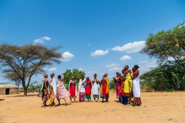 Archers Post, Kenya - 23 Temmuz 2024. Umoja Kadın Kültür Köyü 'nden bir grup kadın turistleri karşılıyor. Bu köy bir grup kadın tarafından kuruldu. Erkeklerin egemen olduğu şiddet olaylarından korunmak için.