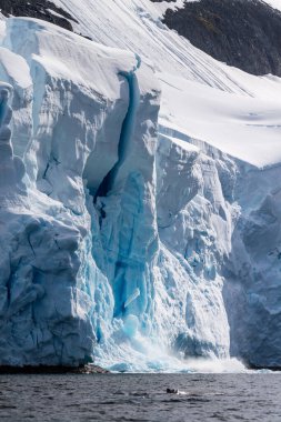 Buz tabakasından buzağı kopan dev bir buz kütlesinin telefonu. Graham Geçidi, Charlotte Körfezi yakınında, Antarktika Yarımadası 'nda.