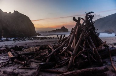 Pfeiffer Sahili 'nde gün batımında yakacak odun yığınının yakın çekimi..