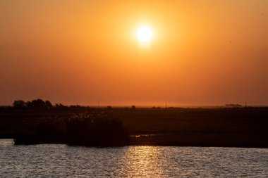 Botswana 'da aydınlık bir kış öğleden sonrasında batan güneşin Chobe nehrinin üzerindeki telefon çekimleri..