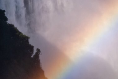 Zimbabwe 'de Victoria Şelalesi' nden düşen bir gökkuşağının, suyun önüne fırlatılışının telefoto çekimi..