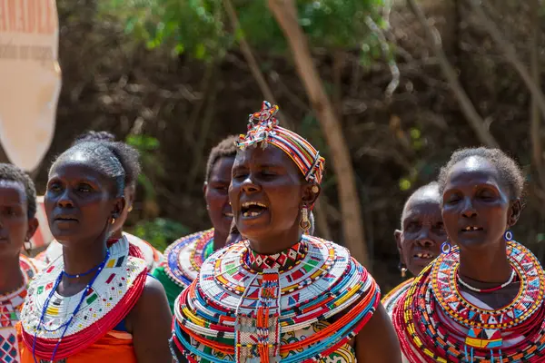 Archers Post, Kenya - 23 Temmuz 2024. Umoja Kadın Kültür Köyü 'nden bir grup kadın turistleri karşılıyor. Bu köy bir grup kadın tarafından kuruldu. Erkeklerin egemen olduğu şiddet olaylarından korunmak için.