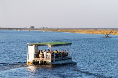 Botswana 'daki Chobe Nehri' nde bir turist teknesi koleksiyonu..