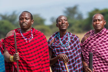 Mto wa Mbu, Tanzanya - 4 Ağustos 2024. Kuzey Tanzanya 'daki Masai halkının Mto wa Mbu kasabası yakınlarındaki hoş geldin dansının taklidi. Masajiler geleneksel yaşam tarzlarıyla tanınırlar.