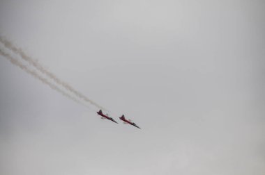 Berlin, Almanya - 13 Haziran 2010. İsviçre ordusunun resmi uçuş gösterisi ekibi Patrouille Suisse 'nin Berlin Brandenburg Schonefeld havaalanında yaptığı akrobatik gösteri.