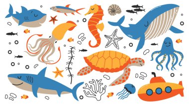 Deniz ve okyanus hayvanları, kaplumbağa, mürekkep balığı, balık, balina, ahtapot, denizaltı karikatür çizimi.