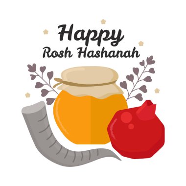 Rosh hashanah el çizimi kartı, harfli, nar, bal, şatafatlı. Yahudi Yeni Yıl afişi tasarımı. Kartpostal, davetiye, poster, baskı şablonu. Vektör illüstrasyonu.