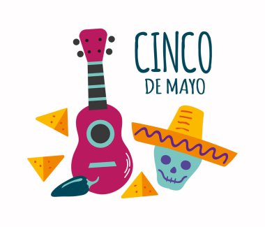 Cinco de Mayo vektör kartı içinde nachos, jalapeno, gitar, kafatası sombrero