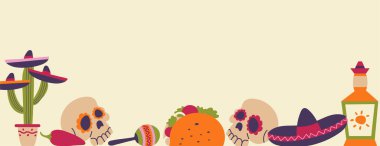 Cinco De Mayo Günü 5 Mayıs arka plan kartı yatay pankart davetiye posteri kırmızı biber, sambrero, tekila, kaktüs, kafatasları