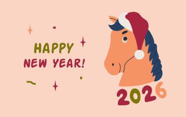 Yeni yılın kutlu olsun At 2026 kart afişi Noel Baba şapkalı at posteri