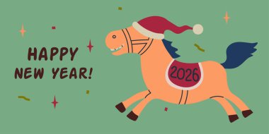 Atın yeni yılı kutlu olsun 2026 kart afişi Noel Baba şapkalı koşu atı posteri