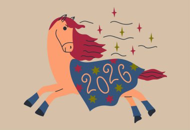 At 2026 'nın yeni yılı kutlu olsun. Koşu atı ve battaniyeli bayrak davetiyesi.