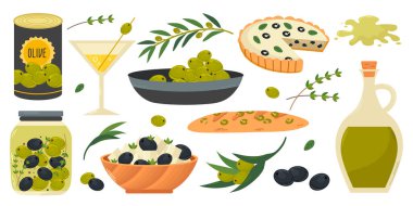 Zeytinyağı organik ürünleri, cam sürahi, teneke kutu, baget, kiş, zeytin dalı, martini, peynir...