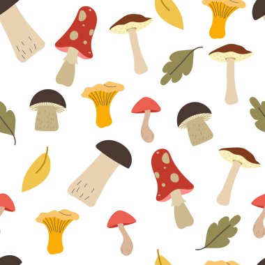 Sonbahar farklı mantarlar ve ambalaj ve dekorasyon için pürüzsüz desen arkaplanı