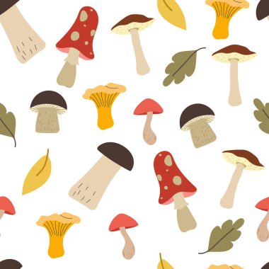 Sonbahar farklı mantarlar ve ambalaj ve dekorasyon için pürüzsüz desen arkaplanı