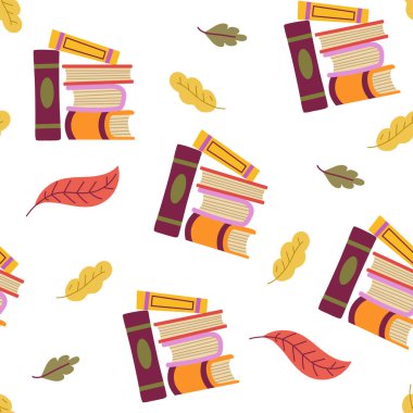 Paketleme ve dekorasyon için sonbahar kitapları ve yapraklar desen arkaplanı