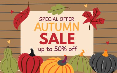 Sonbahar indirimli afiş broşürleri. Koyu arkaplanda balkabağı yapraklı şablonlar.