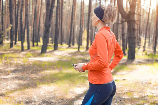 Young Girl Morning Run Sunny Pine Forest Cardio Workout Healthy — Stock Photo, Image