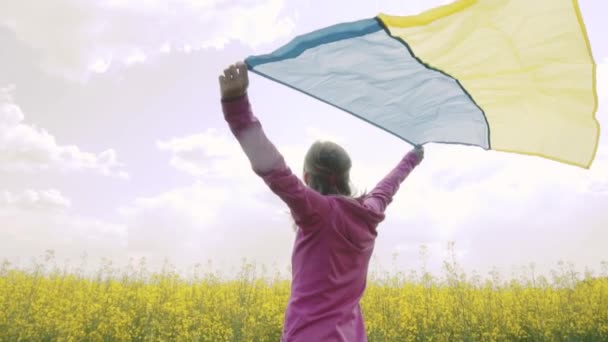 Fiatal Ukrán Zászlóval Repcemagmezőn Nemzeti Zászlót Lengetve Imádkozik Békéért Boldog — Stock videók