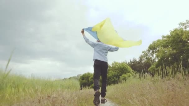 Imádkozz Ukrajnáért Fiú Ukrán Zászlóval Fut Nyári Parkban Egy Kölyök — Stock videók