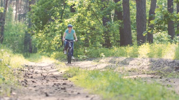 Anya Kisbabával Biciklin Családi Kerékpározás Nyári Fenyőerdőben — Stock videók