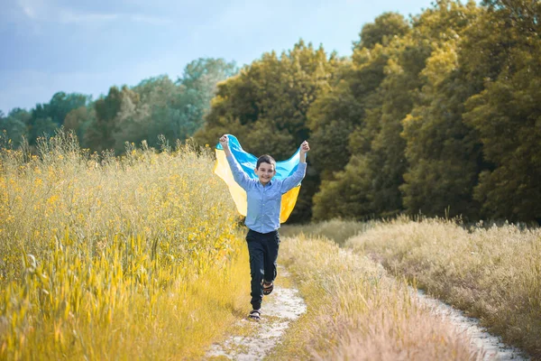 Pray Ukraine Boy Ukrainian Flag Running Summer Park Little Kid — Stock Photo, Image