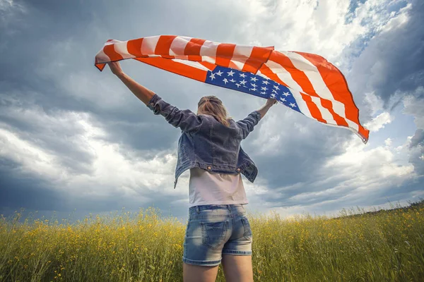 Beautiful Young Girl Holding American Flag Wind Rapeseed Field Summer — Stock Photo, Image