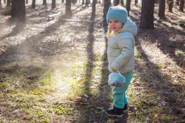 Синьоока Дівчинка Дитина Зеленому Капелюсі Ходить Сосновому Весняному Лісі Ліцензійні Стокові Зображення