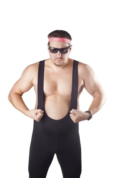 Fat Man Sports Tights Sunglasses Headband White Background Stock Photo