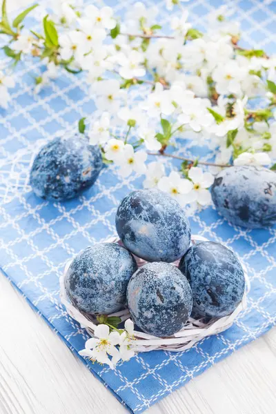 白い木のテーブルの上に桜の花と白いバケツにイースターブルーの大理石の卵 ストック画像