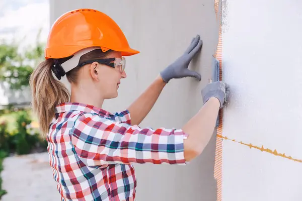 Insulation House Polyfoam Woman Worker Checking Construction Level Accuracy Installation Stock Image