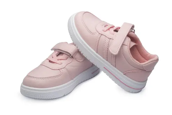 Rosa Läder Sneakers Isolerad Vit Bakgrund Barnens Sportskor Royaltyfria Stockfoton