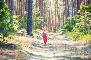 Gülümseyen üç yaşındaki beyaz kız çocuğu çam ormanında yolda koşuyor. El sallıyor. Parlak ışık arkaplanındaki orman.