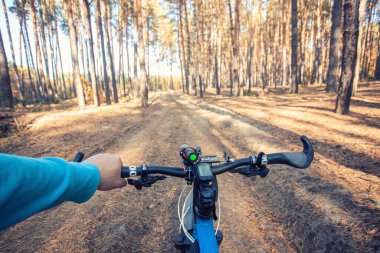 Erkek eli direksiyonu tutuyor, bisikletçi ormanda dağ bisikletiyle geziyor. Macera seyahati. ilk kişi görünümü