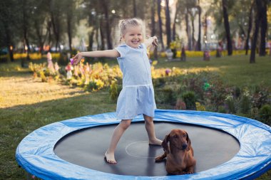 Üç yaşında gülümseyen bir kız, yeşil güneşli yaz parkında trambolinde dachshund köpeğiyle oynuyor. Evcil hayvanlarla mutlu çocukluk