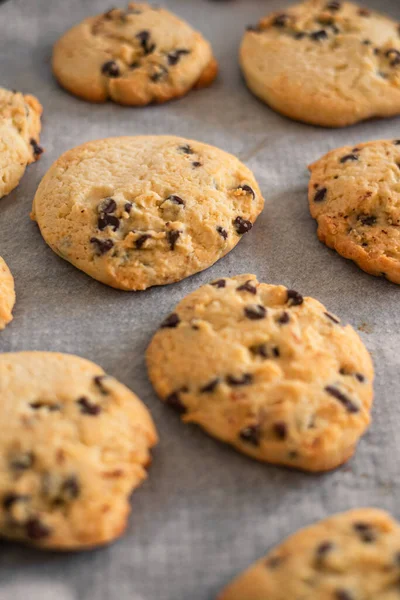 stock image Homemade cookies on a baking tray with oven paper