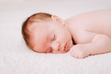 Stüdyo ışıklarında uyuyan iki haftalık bir bebeğin portresi.