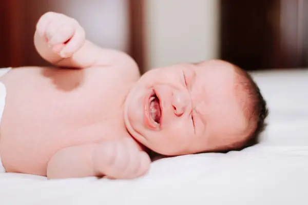 stock image two weeks old newborn crying in studio lighting against white