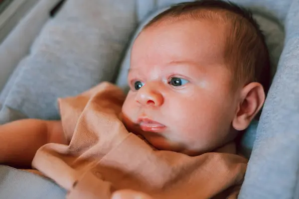 Retrato Bebé Recién Nacido Dos Semanas Edad Una Hamaca Bebé Imagen De Stock