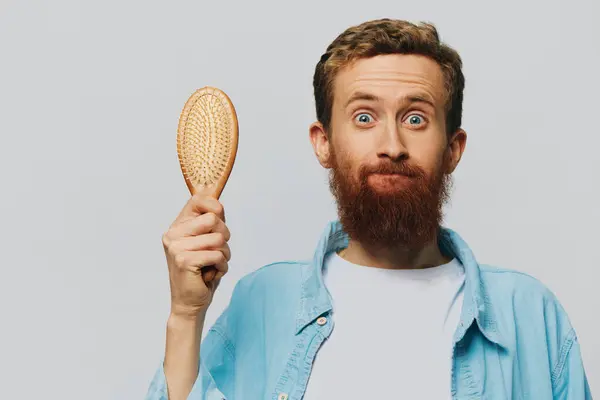 Portrait Man Massage Comb His Hands Combing His Hair Beard — Stock Photo, Image