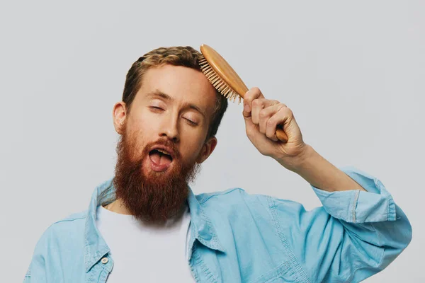 Portrait Man Massage Comb His Hands Combing His Hair Beard — Stock Photo, Image