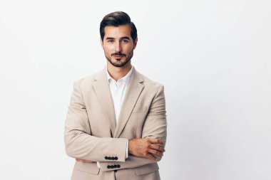 Gözlüklü adam sakallı, gülümseyen bej renkli, genç moda fotokopi stüdyosu işi ofis başarısı iş adamı kravat yakışıklı kişi
