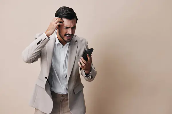 Application Man Smile White Male Handsome Suit Holding Mobile Portrait — Stock Photo, Image