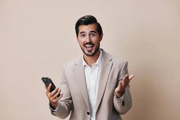 Άνθρωπος Τηλέφωνο Στούντιο Γενειάδα Selfies Αρσενικό Αντίγραφο Χώρο Κλήσης Χαρούμενο — Φωτογραφία Αρχείου