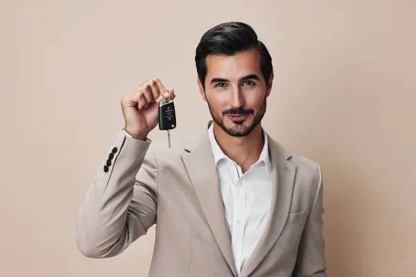 keyboard man loan key business mockup hand car transportation background button happy sale person holding alarm buy service system auto driving smile