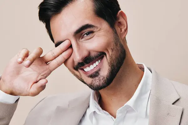 man crossed business beard model copyspace businessman suit portrait smiling office corporate grey arm isolated eyeglass handsome executive happy young beige