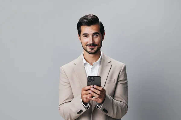 Isolated Man Smartphone Smile Cellphone Happy Suit Phone Trading Online — Stock Photo, Image